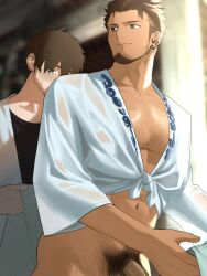 2boys bara black_hair bottomless dressing_another facial_hair feet_out_of_frame from_below fundoshi fundoshi_pull goburin_second happi harumi_(goburin_second) highres holding japanese_clothes kimono large_pectorals light_blush looking_at_another looking_back male_focus male_pubic_hair multiple_boys muscular muscular_male naked_kimono navel original paid_reward_available partially_undressed pectorals penis_out_of_frame pubic_hair see-through_clothes shadow short_hair standing sunlight thick_thighs thighs thighs_together towel wet wet_clothes wet_kimono wide_sleeves yaoi 