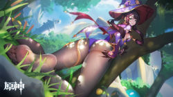 1girl absurdres ass black_gloves blue_sky capelet closed_mouth cloud cloudy_sky commentary_request day earrings fine_fabric_emphasis genshin_impact gloves green_eyes hair_ornament hat highres jewelry leotard lips looking_at_viewer looking_back mona_(genshin_impact) monster outdoors pantyhose see-through_clothes shadow sky slime tree tupiao_shaonu twintails witch_hat rating:Sensitive score:69 user:danbooru