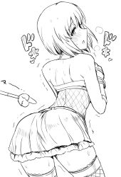  1girl arched_back ass back blush from_behind greyscale hagiwara_yukiho highres idolmaster idolmaster_(classic) idolmaster_2 leaning_forward looking_back luxury_(idolmaster) monochrome poking short_hair simple_background skirt solo standing thighhighs tsurui white_background 