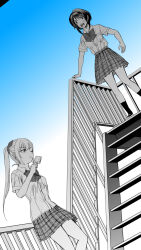  2girls against_railing aizawa_kazuha anger_vein angry assault_lily blue_sky bow bowtie breast_pocket breasts clip_studio_paint_(medium) collared_shirt commentary_request day dutch_angle food greyscale_with_colored_background hair_ornament hair_ribbon hairclip hand_on_railing hand_up high-waist_skirt highres holding holding_food holding_popsicle long_hair looking_at_another looking_down looking_up matsumura_fuuka medium_breasts medium_hair miniskirt multiple_girls one_eye_closed open_mouth outdoors parted_lips plaid_clothes plaid_skirt pocket popsicle railing ribbon school_uniform sentape shirt shirt_tucked_in shoes sideways_glance skirt sky socks stairs standing striped_bow striped_bowtie striped_clothes textless_version twintails uwabaki v-shaped_eyebrows 