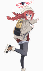  1girl :d absurdres animal_hat backpack bag beanie black_pantyhose blue_archive blue_eyes blush boots braid bright_pupils brown_boots brown_jacket cat_hat commentary_request foot_out_of_frame fur-trimmed_boots fur_trim grey_shorts hair_tie halo hand_up happy hat highres holding_strap hood hooded_jacket jacket lace-up_boots leg_up long_hair long_sleeves looking_at_viewer looking_back maki_(blue_archive) maki_(camp)_(blue_archive) official_alternate_costume official_alternate_hairstyle open_clothes open_jacket open_mouth pantyhose pantyhose_under_shorts pointing pointing_forward red_hair red_halo red_sweater shorts sidelocks simple_background smile solo standing standing_on_one_leg sugidoritos sweater twin_braids white_background white_hat white_pupils yellow_bag 