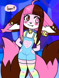  1girl :3 ahoge artist_name blush cameltoe earrings english_text eyzmaster fang female flat_chest furry indie_virtual_youtuber jewelry large_ears loli multiple_tails neck_bell overalls pink_hair question solo standing striped striped_legwear tail two_tails ywuukii 