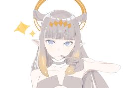  1girl black_gloves blue_eyes blunt_bangs choker finger_to_mouth fur-trimmed_choker fur_trim gloves half_gloves halo headpiece hololive hololive_english josusun long_hair looking_at_viewer multicolored_hair ninomae_ina&#039;nis ninomae_ina&#039;nis_(1st_costume) orange_hair pointy_ears purple_hair sidelocks solo sparkle tentacle_hair virtual_youtuber white_background 