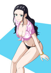 1girl aqua_eyes artist_request bikini bikini_bottom_only black_bikini black_hair bracelet breasts cleavage collarbone feet_out_of_frame gold_bracelet highres large_breasts long_hair nico_robin one_piece one_piece_special:_episode_0 shirt short_sleeves simple_background sitting smile solo swimsuit tied_shirt