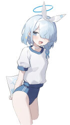 1girl absurdres adjusting_buruma adjusting_clothes arms_behind_back arona_(blue_archive) blue_archive blush breasts buruma dot_nose gym_uniform highres naughty_face one_eye_covered open_mouth paper sh_(shinh) shirt shirt_tucked_in simple_background small_breasts smile smug smug solo t-shirt thigh_gap thighs twitter white_background white_shirt rating:Sensitive score:45 user:buster2222