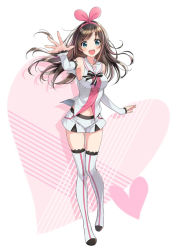  1girl :d aqua_eyes arm_up arm_warmers armpits bare_shoulders black_ribbon blue_eyes blush boots bow breasts brown_hair collarbone detached_sleeves female_focus floating_hair foreshortening full_body hair_bow hairband heart kizuna_ai kizuna_ai_inc. lace lace-trimmed_legwear lace_trim long_hair looking_at_viewer medium_breasts morikura_en multicolored_hair navel official_art open_mouth outstretched_arm outstretched_hand pigeon-toed pink_bow pink_hairband ribbon round_teeth sailor_collar shoes short_shorts shorts sideboob simple_background smile solo standing streaked_hair striped_clothes striped_ribbon striped_thighhighs swept_bangs tareme teeth thigh_boots thighhighs two-tone_hair vest virtual_youtuber white_background white_footwear white_ribbon white_shorts white_thighhighs white_vest  rating:Sensitive score:16 user:SystemError