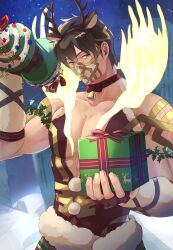  1boy abs animal_ears antlers bara biceps commentary_request deer_ears dumbbell eikthyrnir_(fire_emblem) eikthyrnir_(winter)_(fire_emblem) fake_animal_ears fake_antlers fire_emblem fire_emblem_heroes flexing gift highres holding holding_dumbbell holding_gift horns looking_at_viewer male_focus masked muscular muscular_male nintendo official_alternate_costume pectoral_cleavage pectorals reindeer_antlers riou_(pooh920) 