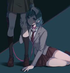 animal_collar aqua_hair bang_dream! black_socks brown_dress brown_footwear brown_skirt collar dress green_eyes grey_jacket hand_on_another&#039;s_head hand_on_another&#039;s_leg hikawa_hina hikawa_sayo holding holding_leash incest jacket jing_(user_wevt3224) kneehighs leash legs loafers lower_body medium_hair necktie pet_play red_necktie school_uniform shadow shoes siblings sisters skirt socks thighs twincest twins yuri rating:Sensitive score:47 user:danbooru