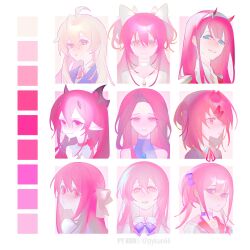 6+girls ahoge alien_stage aqua_eyes bare_shoulders blue_jacket bow bowtie brown_eyes character_request choker closed_mouth color_connection color_guide commentary copyright_request darling_in_the_franxx doki_doki_literature_club doki_doki_literature_club_school_uniform dress english_commentary expressionless grey_jacket hair_between_eyes hair_bow hair_color_connection hair_ornament hairband hexagram highres horns jacket kaname_madoka koe_no_katachi krul_tepes long_hair mahou_shoujo_madoka_magica mahou_shoujo_madoka_magica_(anime) menhera-chan_(ezaki_bisuko) menhera-chan_(ezaki_bisuko)_(character) mizi_(alien_stage) multiple_girls multiple_hair_bows natsuki_(doki_doki_literature_club) nishimiya_shouko onii-chan_wa_oshimai! owari_no_seraph oyama_mahiro pink_hair pink_sailor_collar purple_bow purple_bowtie pykun66 red_horns sailor_collar school_uniform serafuku shirt short_hair smile star_of_david twintails two_side_up ultimate_madoka white_bow white_choker white_dress white_hairband yellow_eyes zero_two_(darling_in_the_franxx)