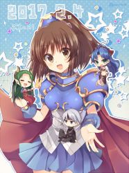 2017 2boys 2girls arle_nadja armor armored_dress blue_dress blue_eyes blue_skirt blush brown_eyes cape carbuncle carbuncle_(puyopuyo) chibi closed_eyes date_pun dated demon_horns dress green_eyes green_hair happy head_tilt horns knee_up long_hair long_sleeves looking_at_viewer madou_monogatari midriff mini_person miniboy minigirl multiple_boys multiple_girls navel number_pun open_mouth outline pointy_ears ponytail puyo_day puyopuyo puyopuyo_n red_cape rento_(rukeai) rulue_(puyopuyo) satan_(puyopuyo) schezo_wegey short_dress short_hair short_sleeves silver_hair skirt smile star_(symbol) translated twitter_username underbust very_long_hair white_outline