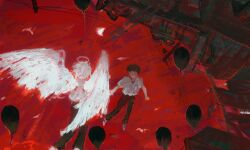  2boys abstract angel_wings balloon black_pants brown_hair brush_stroke building faux_traditional_media halo highres hj_hikari0606 ikari_shinji impressionism multiple_boys nagisa_kaworu neon_genesis_evangelion outdoors pants perspective power_lines red_sky red_theme shirt short_hair sky surreal upside-down white_hair white_shirt white_wings wings 