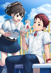 1girl angry bad_tag blue_pants blue_skirt blue_socks bow breast_pocket brown_eyes brown_hair chest_bow chuo_tanegashima_high_school_uniform clenched_hand collared_shirt hair_between_eyes highres holding holding_tablet_pc kneehighs long_hair looking_at_another miniskirt open_collar open_mouth pants pleated_skirt pocket ponytail ponytail_with_braided_base red_eyes red_hair robotics;notes sailor_collar school_uniform senomiya_akiho serafuku shiny_eyes shirt shirt_under_shirt short_hair short_sleeves skirt smile smirk smug socks t-shirt taba_neruko tablet_pc thick_thighs thighs watch white_shirt wristwatch yashio_kaito 