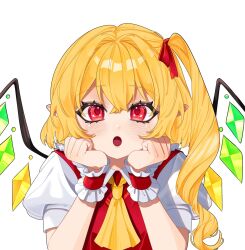  1girl ascot blonde_hair blush bow crystal crystal_wings flandre_scarlet frilled_shirt_collar frills highres looking_at_viewer mnju_dayo open_mouth puffy_short_sleeves puffy_sleeves red_eyes red_vest shirt short_sleeves side_ponytail simple_background solo touhou upper_body vest white_background white_shirt wings wrist_cuffs yellow_ascot 