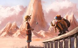  2boys bag boots brothers closed_mouth colorized hat highres log_pose m7md_oda male_focus monkey_d._luffy multiple_boys oda_eiichirou one_piece orange_hat outdoors paper portgas_d._ace profile red_shirt shirt shorts shoulder_bag siblings smile squatting straw_hat topless_male 