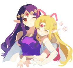 2girls blonde_hair circlet closed_eyes curtained_hair earrings elbow_gloves forehead_jewel gloves highres hug hug_from_behind jewelry long_hair mmmaki_0 multiple_girls nintendo parted_bangs pointy_ears princess_hilda princess_zelda purple_hair red_eyes shoulder_pads smile the_legend_of_zelda the_legend_of_zelda:_a_link_between_worlds triforce white_gloves 
