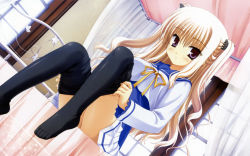 1girl absurdres bed blonde_hair bra-ban! clothes_pull curtains feet female_focus hibarigaoka_yuki highres mole mole_under_eye muririn no_panties pantyhose pantyhose_pull purple_eyes school_uniform serafuku sitting solo undressing window rating:Sensitive score:34 user:danbooru