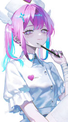  1girl absurdres aqua_hair blush cross_hair_ornament ear_piercing earrings glint hair_ornament hat heart_pin highres holding holding_pencil hoop_earrings jagged_sclera jewelry maria_(maria_rose) multicolored_eyes multicolored_hair nurse nurse_cap pencil piercing pink_hair plug_(piercing) shaded_face signature simple_background solo stud_earrings white_background 