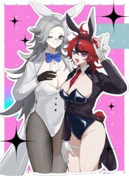  2girls absurdres ahoge animal_ears aotsuki_eito arm_up black_gloves black_leotard black_streaks black_tailcoat blue_bow blue_eyes border bow bowtie breasts cleavage detached_collar fake_animal_ears fake_tail fishnets genderswap genderswap_(mtf) glasses gloves grey_hair hand_on_own_chest highres large_breasts leotard long_hair looking_at_viewer medium_hair multicolored_hair multiple_girls necktie one_eye_closed outline outside_border pink_background playboy_bunny rabbit_ears rabbit_tail red_hair red_necktie smile sparrowhabird strapless strapless_leotard streaked_hair sumino_takumi tail tailcoat tailcoat_playboy_bunny the_hundred_line_-last_defense_academy- white_border white_outline white_tailcoat 