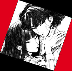  2girls absurdres ameishi ballpoint_pen_(medium) commentary_request greyscale_with_colored_background half-closed_eyes hand_on_another&#039;s_neck hand_on_another&#039;s_shoulder highres jitome lips long_hair long_sleeves looking_at_viewer multiple_girls neckerchief original pen_(medium) shirt short_hair smile traditional_media upper_body yuri 