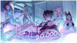  5girls animal_ears bikini black_bikini blue_eyes blush brown_hair choker dangodes facial_tattoo fox fox_ears green_hair highres laughing long_hair looking_at_viewer looking_back low_ponytail milestone_celebration multiple_girls original pink_hair ponytail pool red_eyes swimsuit tattoo 