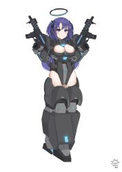  1girl absurdres alternate_costume armor blue_archive blue_halo breasts cleavage_cutout clothing_cutout dated drawingsnom dual_wielding exoskeleton expressionless full_body gun halo highres holding holding_gun holding_weapon large_breasts long_hair mechanical_halo power_armor purple_eyes purple_hair sig_mpx solo submachine_gun thighs two_side_up weapon white_background yuuka_(blue_archive) 