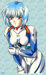 1990s_(style) ayanami_rei blue_hair bodysuit hair_ornament holding_own_arm leaning_forward looking_at_viewer marker_(medium) mecha_pilot_suit neon_genesis_evangelion plugsuit_(evangelion) retro_artstyle traditional_media vogue white_bodysuit 