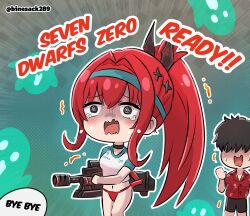  @_@ arm_up artist_name backsine bikini black_choker black_swim_trunks brown_hair chibi choker commander_(nikke) commentary crying crying_with_eyes_open double-parted_bangs english_commentary english_text flying_teardrops ghost goddess_of_victory:_nikke green_hairband hair_intakes hair_ornament hair_over_eyes hair_tie hairband hairpin hawaiian_shirt highres holding holding_weapon long_hair long_sidelocks machine multiple_hairpins navel open_mouth ponytail rapi_(nikke) rapi_(red_hood)_(nikke) rapi_(red_hood)_(red_flavor)_(nikke) red_bikini red_hair red_shirt scared shirt short_hair sidelocks speech_bubble swimsuit tears trembling waving wavy_mouth weapon white_shirt 