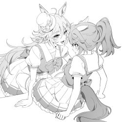  2girls animal_ears arm_support blush bow bowtie breasts clothing_cutout ear_covers greyscale hair_between_eyes hair_ornament hairclip hat highres horse_ears horse_girl horse_tail katsuragi_ace_(umamusume) leaning_forward long_hair looking_at_another mini_hat mini_top_hat monochrome mr._c.b._(umamusume) multiple_girls ponytail puffy_short_sleeves puffy_sleeves sailor_collar school_uniform shirt short_hair short_sleeves sitting skirt small_breasts standing tail tail_through_clothes thighhighs top_hat tracen_school_uniform umamusume yuri zn242878163 