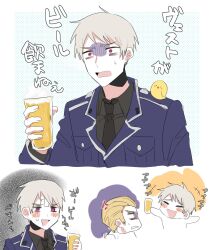  2boys alcohol anger_vein angry animal animal_on_shoulder axis_powers_hetalia baby_animal bandaid bandaid_on_face bandaid_on_forehead beak beer bird bird_on_shoulder black_necktie black_shirt blonde_hair blue_jacket brothers chick closed_eyes collared_shirt commentary_request cup drinking_glass drunk germany_(hetalia) gilbird grey_hair hair_between_eyes half-closed_eyes happy highres holding holding_cup jacket keityan_312 lapels long_sleeves looking_afar looking_at_another male_focus military_jacket military_uniform multiple_boys multiple_views necktie open_mouth outstretched_arms pet prussia_(hetalia) purple_eyes shirt short_hair siblings simple_background smile spread_arms surprised sweatdrop translation_request v-shaped_eyebrows white_background 