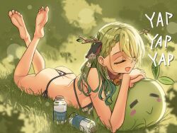 1girl absurdres animal_ears animal_print antler_ribbon antlers ass barefoot belt_collar bikini bottle braid braided_bangs ceres_fauna closed_eyes collar commentary cow_ears cow_print cow_print_bikini crossed_ankles english_commentary english_text fake_animal_ears feet flower full_body glass_bottle grass green_hair hair_branch hair_flower hair_ornament highres hololive hololive_english horns long_hair lying madaotheory milk milk_bottle mole mole_under_eye name_tag neck_bell nude on_ground on_stomach outdoors own_hands_together print_bikini revision sapling_(ceres_fauna) soles solo swimsuit thighs toes tree_horns virtual_youtuber rating:Sensitive score:42 user:danbooru
