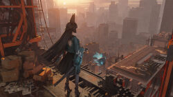  1girl absurdres animal_ears black_gloves black_hair black_skirt blunt_bangs box brown_pantyhose building cardboard_box city cityscape commentary fingerless_gloves floating fox_ears gloves green_jacket high_heels highres hoshimi_miyabi jacket long_hair looking_ahead pantyhose rooftop sc068 scabbard sheath sheathed skirt skyscraper solo standing sun sunrise tailless_(zenless_zone_zero) zenless_zone_zero 