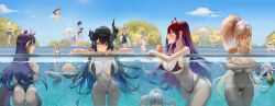  6+girls absurdres against_glass ahoge alternate_costume animal_ears ass bikini black_hair black_one-piece_swimsuit blonde_hair blue_bikini blue_eyes blue_sarong blue_sky blunt_bangs brown_hair cecilia_immergreen center-flap_bangs closed_mouth cloud colored_inner_hair commission day derivative_work elizabeth_rose_bloodflame from_behind gawr_gura gigi_murin gold_bikini gradient_hair green_hair grey_hair hair_ornament hakos_baelz halo highres hololive hololive_english koseki_bijou long_hair looking_at_another mole mole_under_eye mouse_ears mouse_girl mouse_tail multicolored_hair multiple_girls nanashi_mumei nerissa_ravencroft nikatsun ninomae_ina&#039;nis one-piece_swimsuit one_side_up orange_hair outdoors outstretched_arm partially_submerged pink_hair pointing pointy_ears pool purple_hair raora_panthera red_hair sarong short_hair sidelocks sky smile solo_focus straight_hair streaked_hair swimming swimsuit tail takanashi_kiara tentacle_hair tentacles tsukumo_sana very_long_hair virtual_youtuber watson_amelia white_hair winding_key 