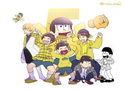 6+boys aged_down animalization antenna_hair backwards_hat bowl_cut character_doll delinquent dog doll hat heart heart_in_mouth idol idol_clothes long_sleeves male_focus matsuno_jyushimatsu multiple_boys multiple_persona ono_daisuke open_fly osomatsu-kun osomatsu-san osomatsu-san_on_stage_-_six_men&#039;s_show_time osomatsu-san_the_movie osomatsu_(series) raglan_sleeves rinko_ma2 salute sleeves_past_wrists smile squatting teardrop time_paradox two-finger_salute voice_actor wavy_mouth white_background