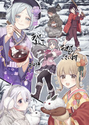  2023 6+girls :d :o ahoge akeome alternate_costume animal aoba_chika asa_no_ha_(pattern) beanie black_pantyhose blonde_hair blue_eyes blue_hair blush boots bowl brown_eyes brown_gloves brown_hair brown_jacket brown_pants brown_track_suit building buttons checkered_clothes checkered_kimono chopsticks closed_mouth collared_jacket commentary_request double_bun double_vertical_stripe earmuffs eyes_visible_through_hair floral_print flower food from_side fur-trimmed_jacket fur_trim geta gloves green_jacket grey_hair grey_pants grey_skirt hair_between_eyes hair_bun hair_ornament happy_new_year hat highres hiroe_chiharu hiroe_chiharu_(haregi_costume) holding holding_bowl holding_chopsticks holding_snowball jacket japanese_clothes kanzashi kimono lace lace-trimmed_kimono lace-up_boots lace_trim layered_sleeves long_hair long_sleeves looking_at_another looking_at_viewer magia_record:_mahou_shoujo_madoka_magica_gaiden mahou_shoujo_madoka_magica medium_hair miniskirt miura_asahi multiple_girls natsu_ryoko new_year official_alternate_costume open_mouth orange_gloves orange_hair outdoors outline pants pants_rolled_up pantyhose parted_bangs pile pink_jacket plaid_clothes plaid_jacket plaid_skirt pleated_skirt plum_blossom_print pocket print_kimono profile purple_flower purple_kimono purple_sash red_jacket sakuramon sash shiruko_(food) shoes short_hair side_up_bun sidelocks skirt smile snow snow_rabbit snowball soup toggles toki_sunao toki_sunao_(haregi_costume) tokime_shizuka tokime_shizuka_(winter_costume) track_jacket track_pants translation_request tsumami_kanzashi v-shaped_eyebrows vertical-striped_sash very_long_hair wavy_mouth white_gloves white_hair white_outline white_rabbit_(animal) wing_collar yellow_kimono yukishiro_(hitsuji) 