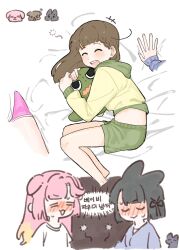  &gt;_&lt; +++ 3girls :&gt; :3 :d =_= ^_^ animal_ears anyoji_hime anyoji_hime_(summer_loungewear) basil_(wgh0anzdple3asf) black_hair blonde_hair blue_cardigan blush brown_hair cardigan center-flap_bangs closed_eyes closed_mouth colored_tips commentary_request dog dog_ears flower_knot fox fox_ears gonzales_(love_live!) green_shorts highres hood hoodie kachimachi_kosuzu kachimachi_kosuzu_(summer_loungewear) kemonomimi_mode korean_commentary korean_text link!_like!_love_live! long_hair long_sleeves loungewear love_live! lying midriff_peek momose_ginko momose_ginko_(summer_loungewear) multicolored_hair multiple_girls multiple_views nervous_sweating nose_blush official_alternate_costume on_bed on_side open_mouth pink_hair pink_shorts shirt short_hair short_shorts short_sleeves shorts side_ahoge sleeves_past_wrists smile squeans stuffed_dinosaur sweat translation_request u_u v-shaped_eyebrows virtual_youtuber white_shirt xd yellow_hoodie 
