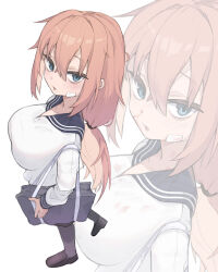  1girl annrichan black_pantyhose black_skirt blood blue_eyes breasts brown_shoes closed_mouth commentary_request crop_top crop_top_overhang dot_mouth full_body highres huge_breasts long_hair looking_at_viewer michinoku_komaro multiple_views no_bra nosebleed open_mouth oppai_loli pantyhose pink_hair pleated_skirt school_uniform seitokai_ni_mo_ana_wa_aru! serafuku shirt shirt_overhang shoes sidelocks simple_background skirt solo_focus standing underboob very_long_hair white_background white_serafuku white_shirt  rating:Sensitive score:3 user:RomanticDevil