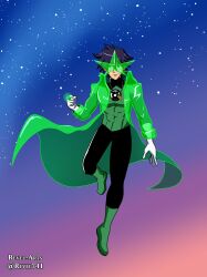  1boy absurdres black_bodysuit black_hair blue_hair bodysuit core_drill cosplay covered_abs crossover dc_comics death_battle drill gloves green_bodysuit green_lantern green_lantern_(cosplay) green_lantern_(series) green_lantern_corps highres jewelry kamina_shades male_focus multicolored_hair power_ring_(green_lantern) revel_(revel741) ring short_hair simon_(ttgl) simon_shades superhero_costume tengen_toppa_gurren_lagann triangular_eyewear two-tone_bodysuit two-tone_hair white_gloves 