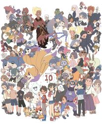  1101080p 6+boys 6+girls absurdres amano_keita amano_natsume animal_ears anniversary backpack bag black_hair blonde_hair blue_hair boots bow bowtie braid brown_eyes brown_hair bunny_mint cape character_request commentary_request crossed_arms emi-chan enraenra_(youkai_watch) eye_mask eyewear_on_head flower fubukihime fuyunyan glasses gloves grey_hair hair_bow hair_flower hair_ornament hair_over_one_eye hat highres holding horns hyakkihime japanese_clothes jibanyan kimono kodama_fumika komasan kyuubi_(youkai_watch) midriff misora_inaho multiple_boys multiple_girls obi oogama_(youkai_watch) orange_eyes orange_hair orochi_(youkai_watch) petals pink_bow ponytail purple_eyes purple_hair rabbit_ears red_cape red_eyes red_hair sailor_collar sailornyan saki-chan_(youkai_watch) sandals sash school_uniform shimomachi_shin shorts skirt skyshariman smile speech_bubble sunglasses sweater thought_bubble tsubakihime_(youkai_watch) tsuchigumo_(youkai_watch) usapyon watch whisper_(youkai_watch) white_hair wings yellow_eyes youkai_(youkai_watch) youkai_watch youkai_watch_(object) youkai_watch_2 youkai_watch_3 youkai_watch_4 