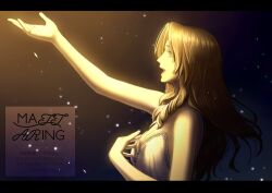  1girl aerith_gainsborough aerith_gainsborough_(white_floral_dress) bare_arms bare_shoulders black_border border breasts brown_hair cleavage dress final_fantasy final_fantasy_vii final_fantasy_vii_rebirth final_fantasy_vii_remake gold_trim hand_on_own_chest letterboxed long_hair medium_breasts music official_alternate_costume open_mouth outstretched_hand parted_bangs sidelocks singing solo strapless strapless_dress upper_body wavy_hair white_dress wnupani 