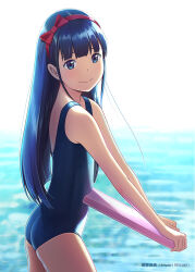  1girl artist_name ass black_hair blue_eyes blue_one-piece_swimsuit commentary_request cowboy_shot flat_ass flat_chest from_side hairband hiyori_mizuki holding_kickboard kickboard long_hair looking_at_viewer looking_to_the_side one-piece_swimsuit original red_hairband school_swimsuit smile solo swimsuit water  rating:Sensitive score:26 user:danbooru