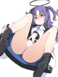  1girl absurdres ass blue_archive blush boots cameltoe collar crotch_seam suit_jacket dress_shirt embarrassed halo highres jacket kandori loli long_hair long_sleeves looking_at_viewer m_legs necktie panties pantyshot purple_eyes purple_hair shirt shoes simple_background spread_legs sweat twintails underwear upskirt white_background white_panties yuuka_(blue_archive)  rating:Questionable score:63 user:danbooru