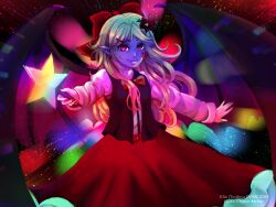  1girl artist_name blonde_hair bow character_name copyright_name cryptmyst dress elis_(touhou) fang hair_bow highres holding holding_wand long_hair long_sleeves looking_at_viewer medium_hair painterly rainbow red_dress red_eyes ribbon shirt skirt smile solo touhou touhou_(pc-98) wand wings yellow_eyes 
