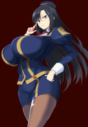  10s 1girl black_hair breasts brown_background curvy female_focus glasses hair_ornament hairclip hat highres hip_focus huge_breasts kono_subarashii_sekai_ni_shukufuku_wo! long_hair looking_at_viewer miniskirt nehani_(tworship) pantyhose parted_lips pencil_skirt purple_eyes sena_(konosuba) simple_background skirt solo thighs x_hair_ornament  rating:Sensitive score:101 user:danbooru