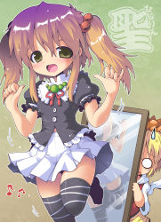 1girl aged_down alternate_costume alternate_hairstyle blonde_hair blush child gradient_hair hair_ornament hijiri_byakuren juliet_sleeves kurogarasu long_hair long_sleeves mirror multicolored_hair multiple_girls musical_note open_mouth panties pantyshot puffy_sleeves purple_hair reflection short_hair skirt smile striped_clothes striped_thighhighs sweat tail thighhighs toramaru_shou touhou underwear upskirt white_panties yellow_eyes zettai_ryouiki rating:Sensitive score:9 user:danbooru