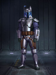  1boy absurdres armor audia_pahlevi belt belt_pouch black_gloves brown_belt clenched_hands gloves helmet highres holster jango_fett male_focus mandalorian mandalorian_armor pouch solo standing star_wars star_wars:_attack_of_the_clones thigh_holster 