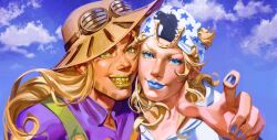  2boys beanie beard blonde_hair blue_eyes blue_lips blue_nails brown_hat cheek-to-cheek cloud cloudy_sky commentary cowboy_hat english_commentary facial_hair goggles goggles_on_headwear gold_teeth green_eyes green_lips grin gyro_zeppeli hat heads_together high_collar highres horse_print horseshoe_hat_ornament johnny_joestar jojo_no_kimyou_na_bouken long_hair looking_at_viewer male_focus medium_hair messy_hair multiple_boys pointing pointing_at_viewer purple_shirt shirt sky smile star_(symbol) star_print steel_ball_run upper_body white_hat white_shirt yahidna 