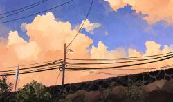  absurdres blue_sky bridge bush day fern from_below fruiitlins highres lamppost no_humans orange_clouds original outdoors overgrown power_lines road_sign rock scenery sign sky utility_pole  rating:General score:1 user:danbooru