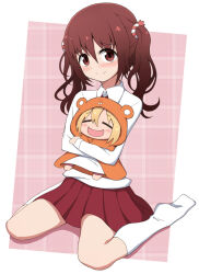  2girls blonde_hair brown_eyes brown_hair chibi doma_umaru ebina_nana hair_ribbon hamster_costume hamster_hood himouto!_umaru-chan long_sleeves multiple_girls nel-c no_shoes pleated_skirt red_skirt ribbon school_uniform shirt sitting skirt socks twintails wariza white_shirt white_socks 