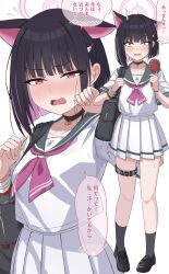  1girl animal_ears bag black_choker black_hair black_socks blue_archive blush bob_cut cat_choker cat_ears choker collared_shirt colored_inner_animal_ears colored_inner_hair extra_ears full_body green_sailor_collar hair_ornament hairclip halo highres kazusa_(blue_archive) minifan multicolored_hair neckerchief onsen_(asnrtnbrsiku) open_mouth pink_halo pink_neckerchief pleated_skirt red_eyes sailor_collar school_bag school_uniform shirt shoes short_hair skirt socks sweat thigh_strap two-tone_hair 