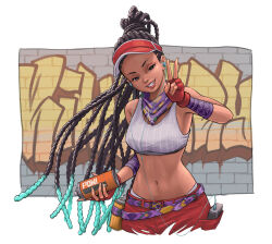  1girl absurdres aqua_hair bandana bandana_around_neck bare_shoulders belt black_hair braid breasts brown_eyes colored_tips commentary_request crop_top dark-skinned_female dark_skin dreadlocks earbuds earphones fingerless_gloves gloves graffiti hat highres holding_spray_can kimberly_jackson long_hair looking_at_viewer midriff motor_(themotorart) multicolored_hair navel official_alternate_costume pants purple_bandana purple_belt red_gloves red_hat red_pants smile solo spray_can street_fighter street_fighter_6 v very_long_hair visor_cap 